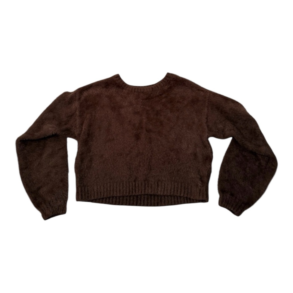 Hollister Brown Fuzzy Cropped Sweater Size M Soft Knit Y2K Cozy Crewneck